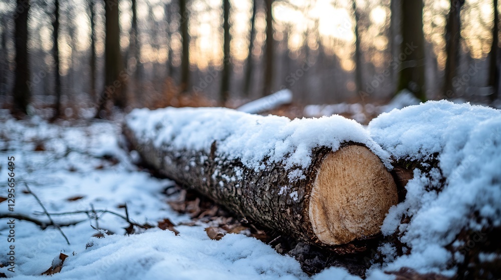Poster tranquil snowy forest scene with a log resting on the white ground during sunrise : generative ai