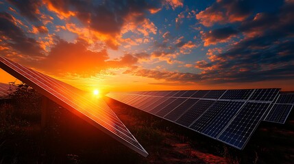 Sunset over solar panels in a field