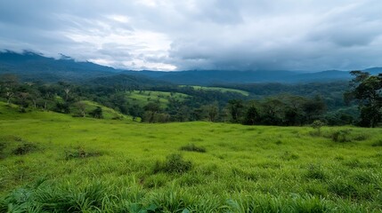 Fototapeta premium Lush Green Scenic Landscape with Rolling Hills Under a Cloudy Sky in the Mountains : Generative AI