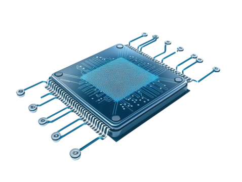 A detailed microchip featuring intricate circuits and connections.