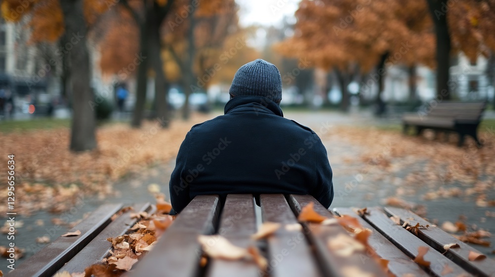 Poster man in a cozy sweater sitting on a park bench surrounded by autumn leaves in a quiet area : generati