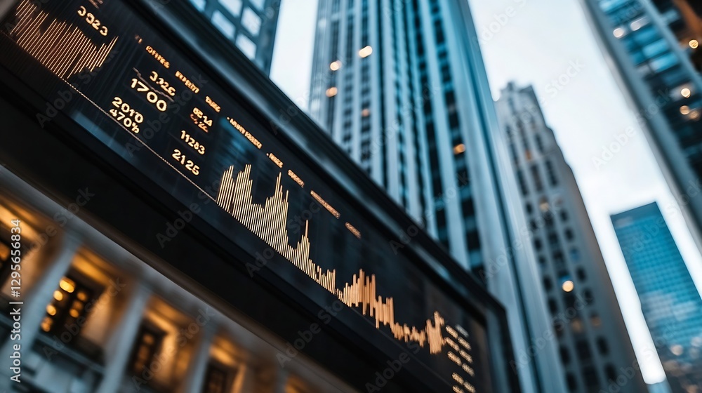 Aufkleber urban skyline with financial display board reflecting modern architecture and stock market trends : 