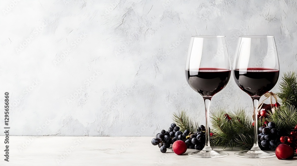 Poster elegant composition of two red wine glasses with rich berry accents creating a festive atmosphere : 