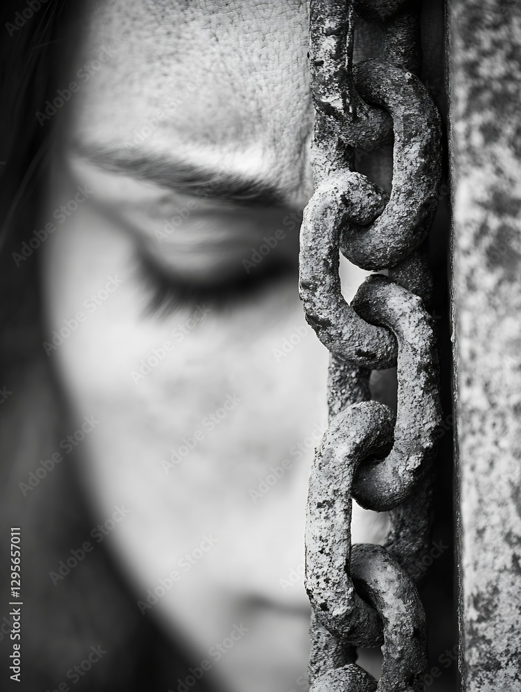 Poster emotional portrait of a person with chains symbolizing struggle and resilience in black and white : 