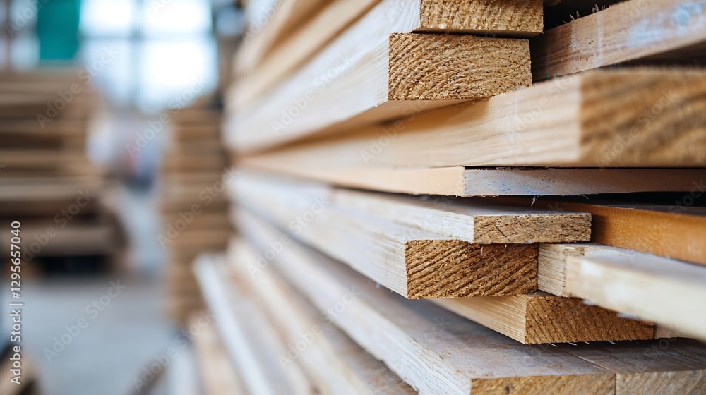 Poster Stack of Wooden Planks in a Workshop Representing Construction Materials and Craftsmanship : Generative AI