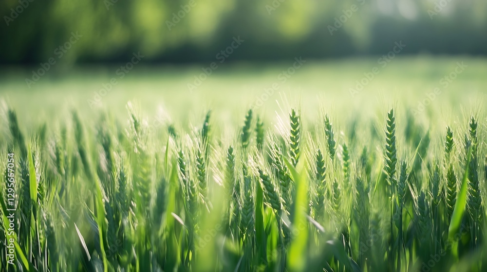 Poster closeup of lush green wheat field gently swaying in the breeze under soft sunlight : generative ai
