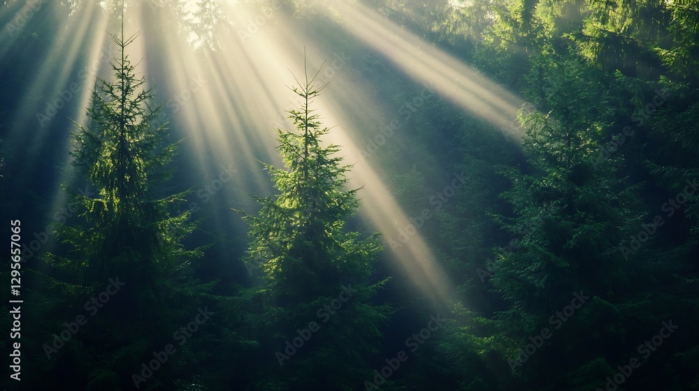 Poster sunlight streaming through lush evergreen trees in a serene forest landscape : generative ai