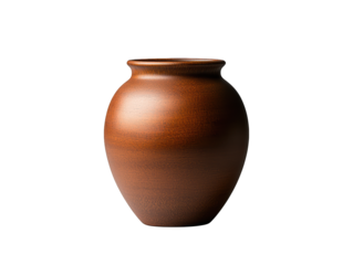 A smooth, round ceramic pot with a warm brown finish, featuring a narrow neck and slightly flared lip.