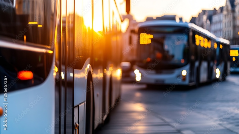 Poster city bus transportation in urban setting with a beautiful sunset glowing in the background : generat