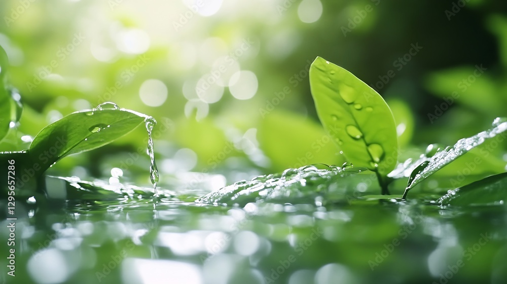 Poster Fresh Green Leaves with Water Droplets Glimmering in Gentle Natural Light for a Refreshing Look : Generative AI