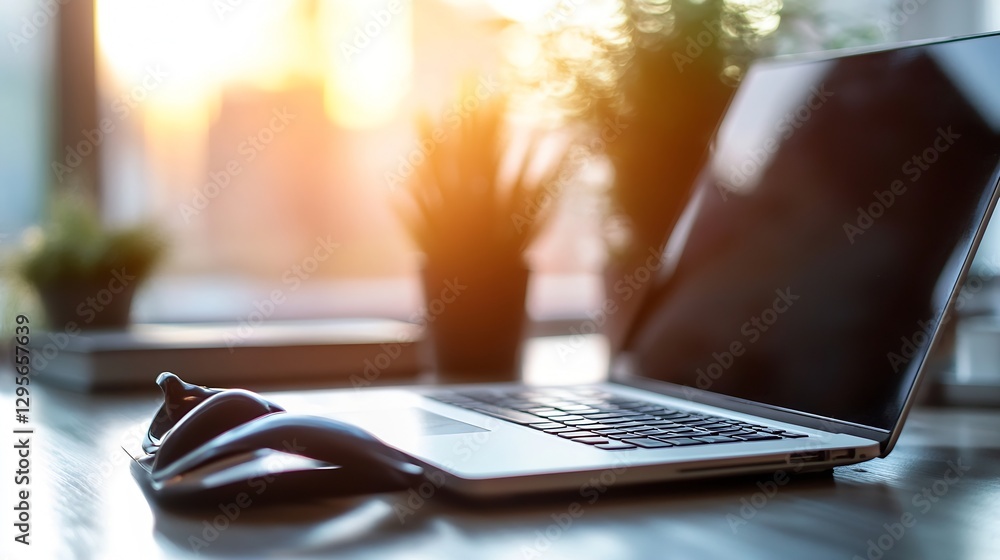 Poster laptop and office setup bathed in warm sunset light with plants in background : generative ai