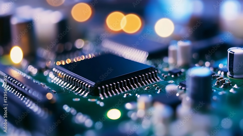 Aufkleber Close up shot of a microchip on a circuit board with blurred lights in the background : Generative AI