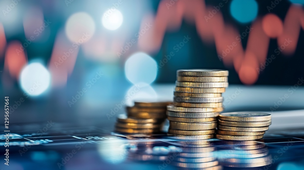 Aufkleber a closeup view of stacked gold coins with a blurred financial market graphic in the background : gen