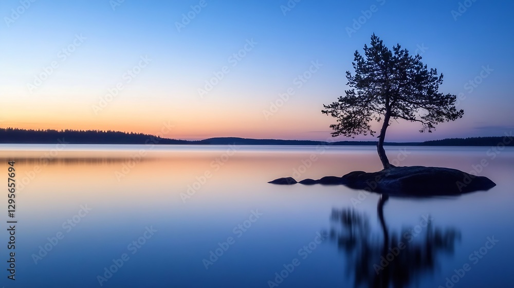 Poster serene lake view at sunset with a solitary tree reflecting on the tranquil water surface : generativ