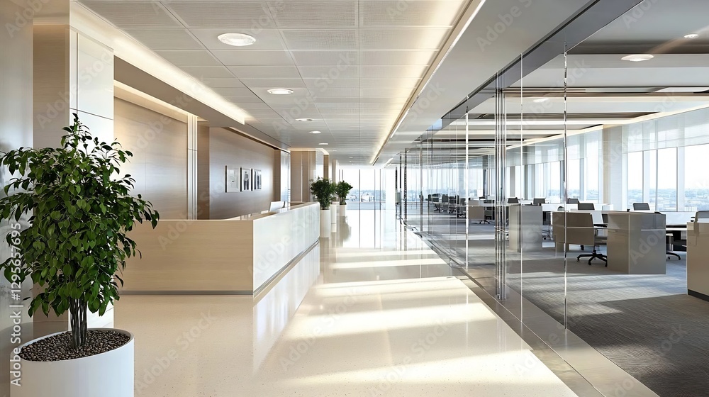 Aufkleber modern office interior design with a spacious reception area and large windows showcasing city views