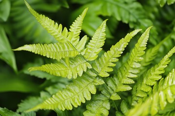 Close-up view of lush green fern leaves showcasing intricate textures and vibrant colors, capturing the beauty of nature in a serene forest environment.