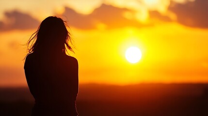 Fototapeta premium Silhouette of a woman gazing at a stunning sunset over the horizon creating an inspiring and serene moment : Generative AI