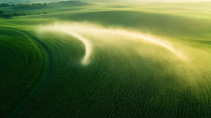 A drone flying over farmland spraying curved white smoke on green field