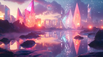 Obraz premium Futuristic city with glowing crystals and water reflections