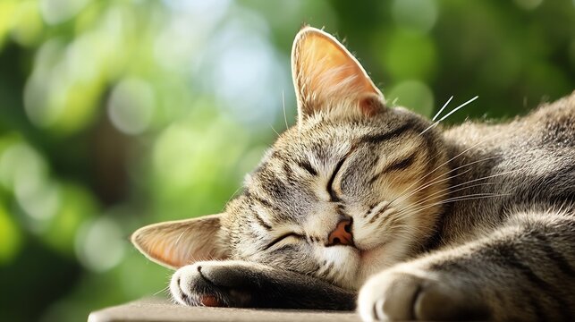 Cute domestic cat peacefully sleeping outdoors among vibrant green foliage and sunlight : Generative AI