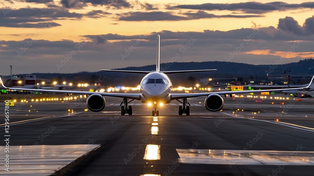 Poster modern passenger airplane landing on runway during twilight showcasing bright lights and colors : ge
