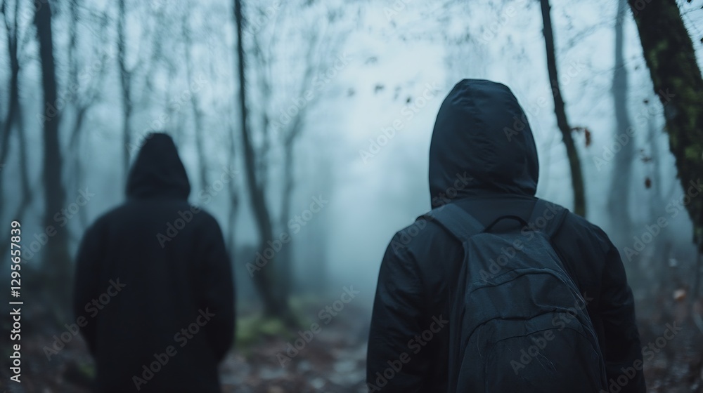 Poster mysterious figures walking through foggy forest path on gloomy day enhancing atmospheric mood : gene