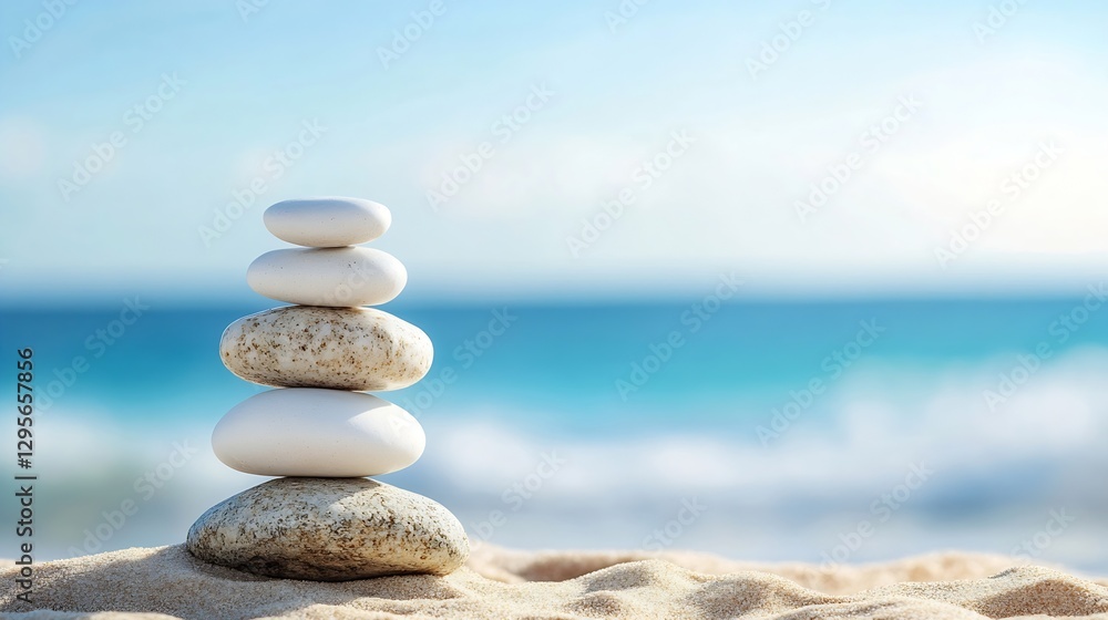 Poster serenity found stone tower on tranquil beach at daytime with calming blue ocean background : generat