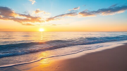 Fototapeta premium Stunning Sunset Over Calm Ocean Waves with Soft Sandy Beach in Warm Golden Light : Generative AI
