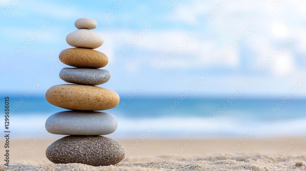 Poster meditative stack of smooth stones arranged by the beach to represent balance calmness and serenity :