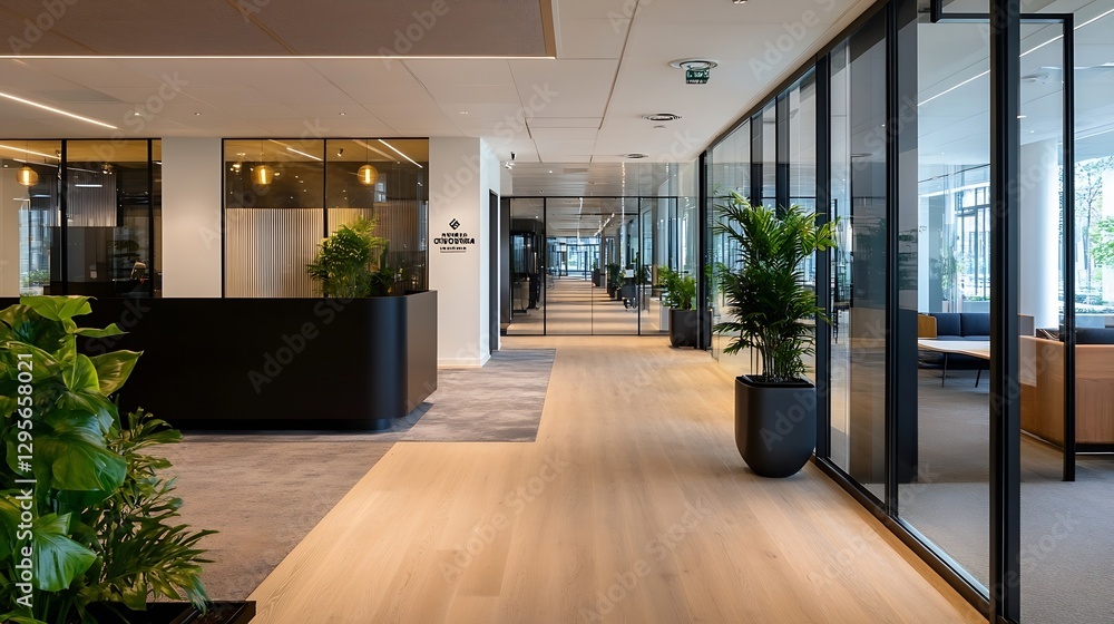 Poster modern office reception area with bright lighting and lush greenery : generative ai