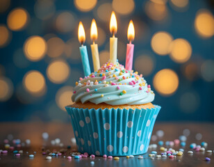 Delicious birthday cupcake on table on light