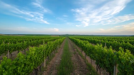 Obraz premium Serene Vineyard Rows Under Blue Sky with Lush Green Grapevines : Generative AI
