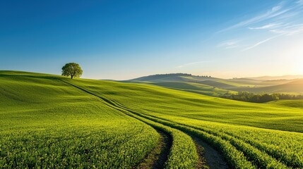 Naklejka premium Lush green fields under a clear blue sky at sunrise.