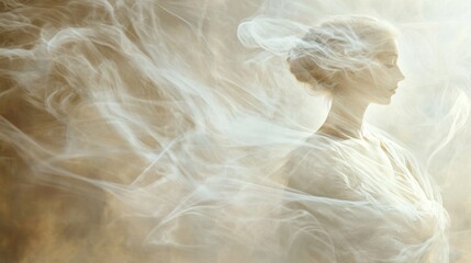 A serene figure stands gracefully in a soft haze, surrounded by flowing wisps of smoke. The ethereal look evokes feelings of tranquility and mystery, inviting admiration and contemplation