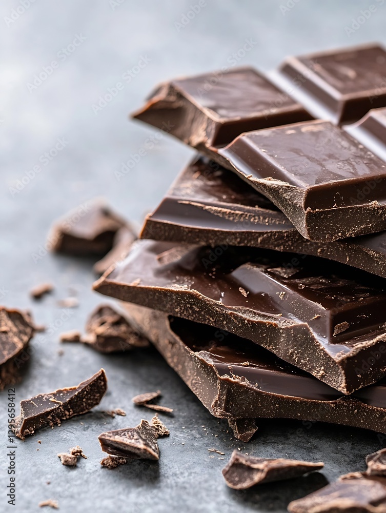 Poster delicious dark chocolate bars stacked on a flat surface with crumbs scattered around : generative ai