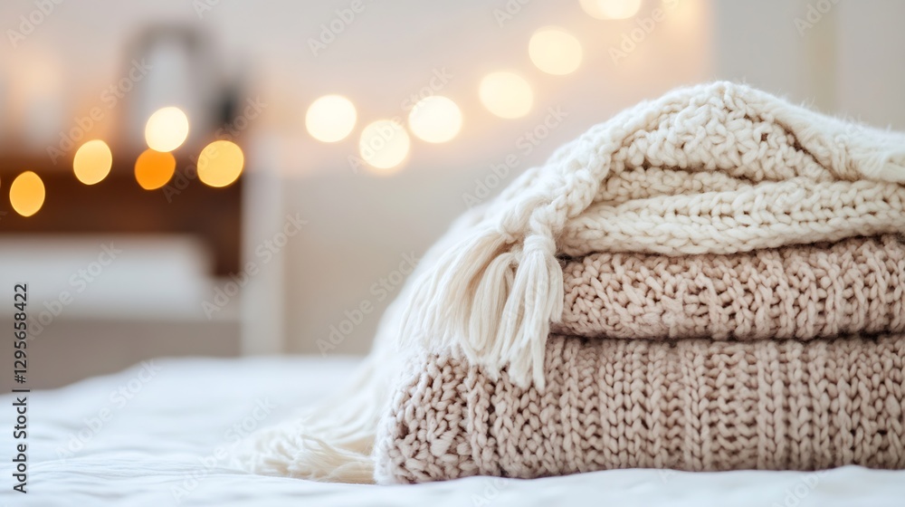 Poster cozy knit blanket stacked elegantly with warm bokeh lights in soft bedroom setting : generative ai