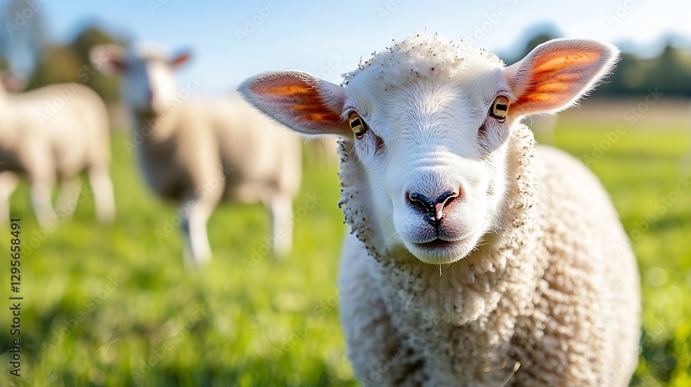 Poster Close up of a sheep in a sunny field showcasing its fluffy wool and curious expression : Generative AI