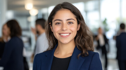 Fototapeta premium Hispanic business woman wearing blue smart-casual smiling at office activity