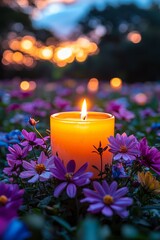 A lit candle sitting in a field of flowers