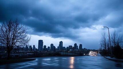 Obraz premium Overcast city skyline with gloomy clouds on a rainy evening : Generative AI