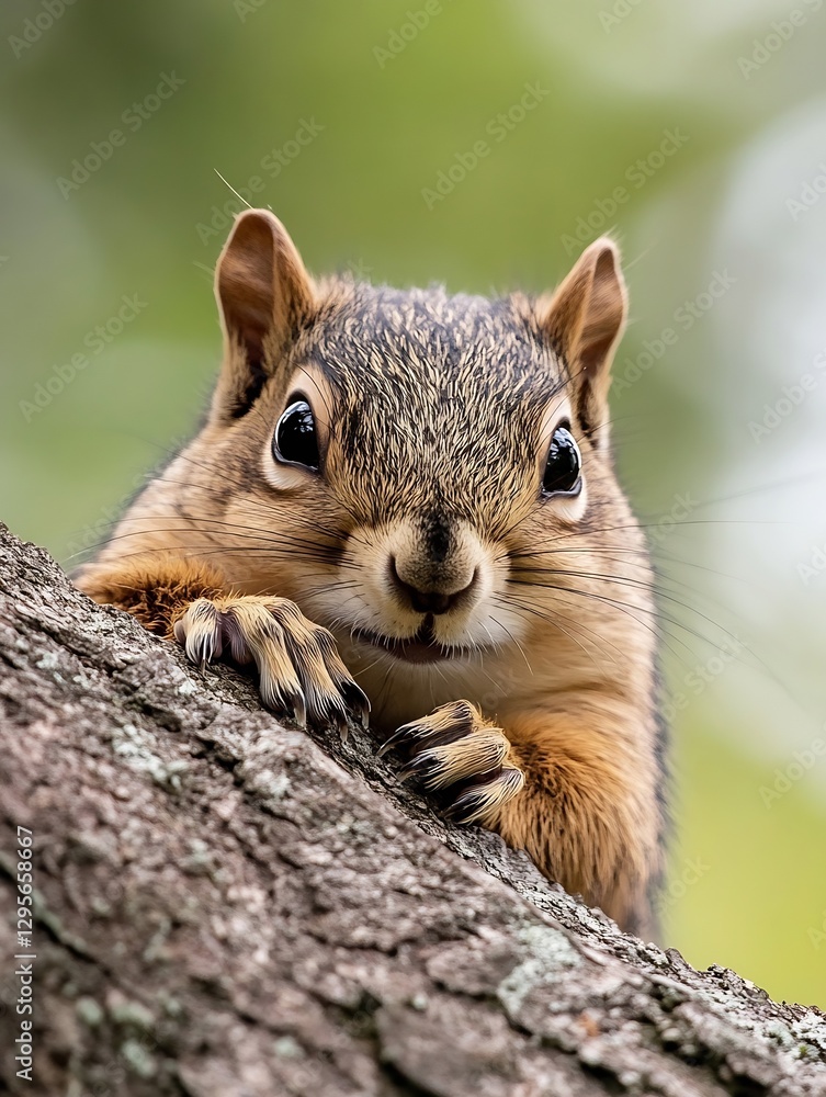 Poster cute squirrel climbing a tree with big expressive eyes and fluffy tail in natural habitat : generati