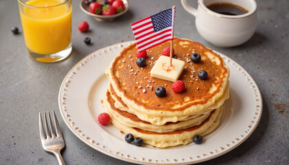 Pancakes with butter and berries on table with coffee and juice