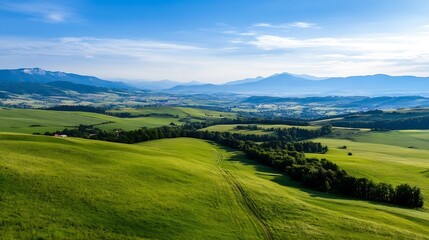 Fototapeta premium Breathtaking view of rolling green hills under a bright blue sky showcasing the beauty of natural landscapes : Generative AI