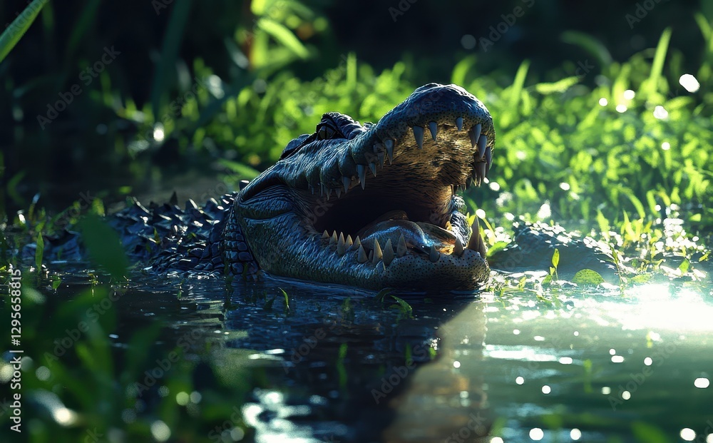 Poster lurking predator in a serene water setting with vivid green grass surrounding the majestic reptile d