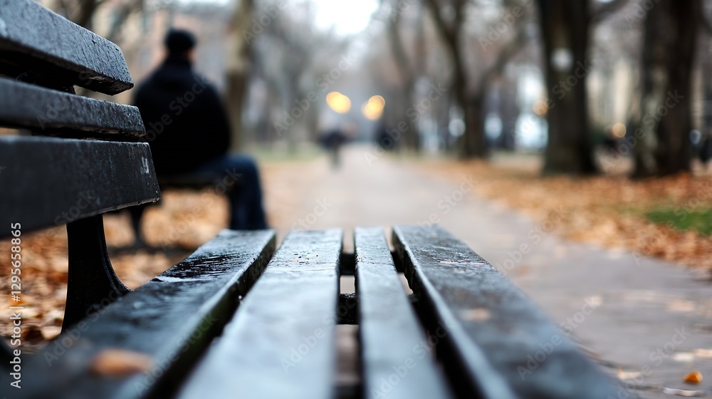 Poster wooden park bench overlooking a path with blurred background of people walking on a fall day : gener