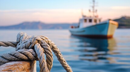 Obraz premium Serene Harbor Scene with Fishing Boat and Twisted Rope in Focus : Generative AI