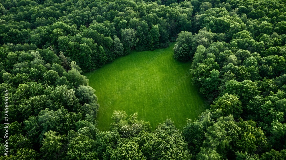 Poster aerial view of vibrant green forest surrounded by lush vegetation and open meadow : generative ai