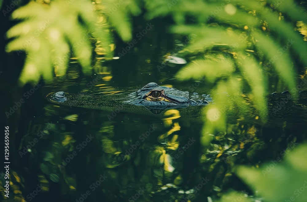 Aufkleber lurking predator in tranquil waters surrounded by vibrant greenery displaying a unique habitat for w