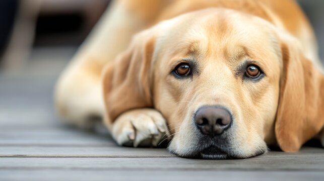 Cute and expressive Labrador retriever dog relaxing on wooden deck in soft natural light : Generative AI - Powered by Adobe