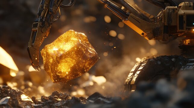 A close-up of a golden rock being lifted by a mechanical claw in an industrial setting, emphasizing mining and extraction processes. Mechanical Lifeforms. Illustration